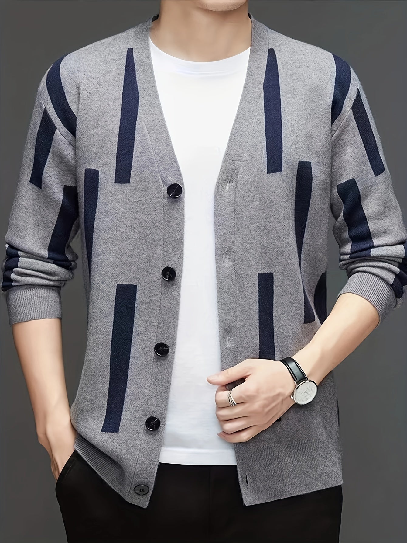 2024 New Cross-border Men's V-neck Open Sweater Knitted Jacquard Sweater