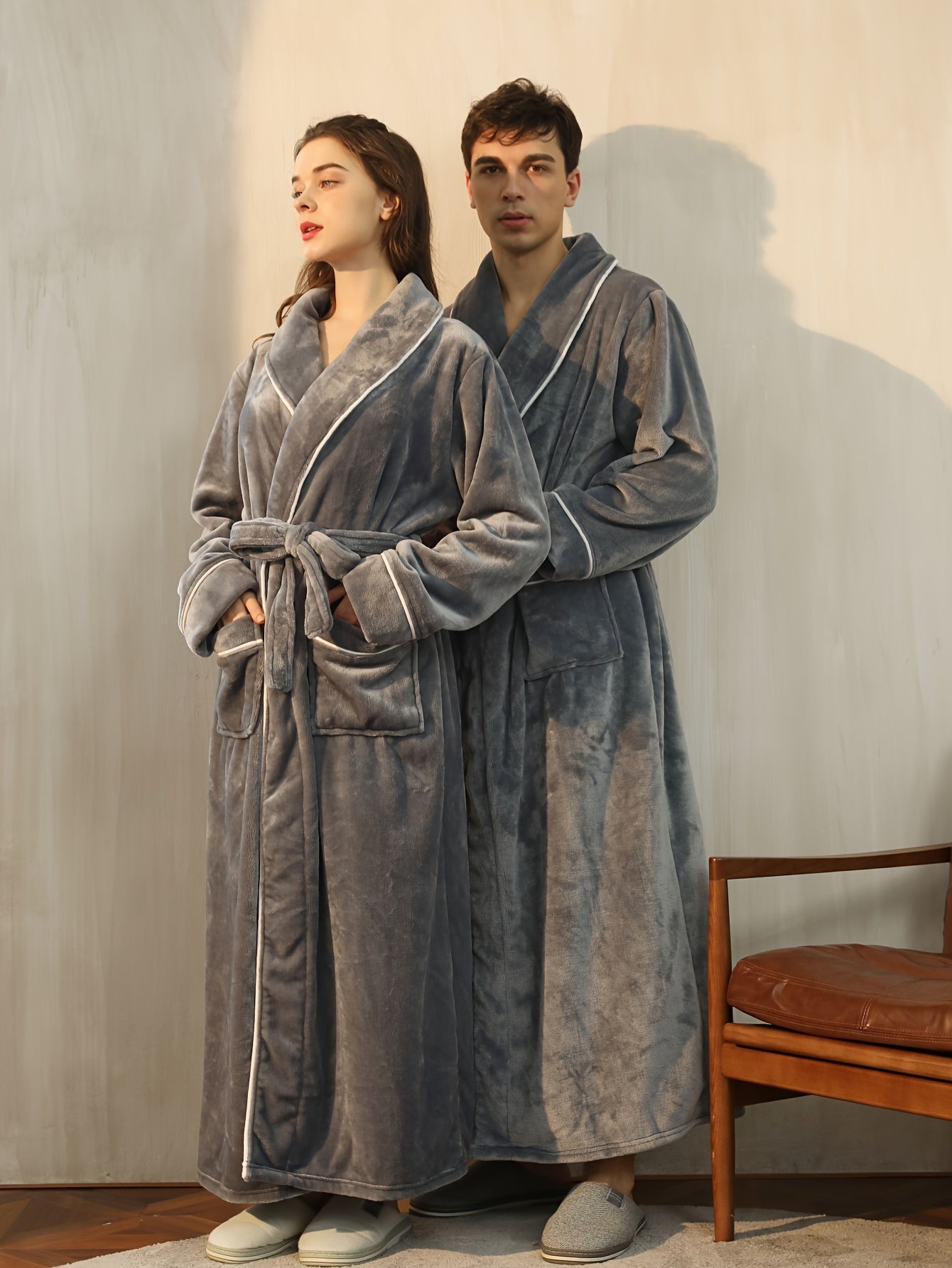 Autumn Winter Warm Long Thick Robe, Men's Simple Shawl Bathrobe With Double Side Pockets, V Neck Long Sleeve Sleepwear