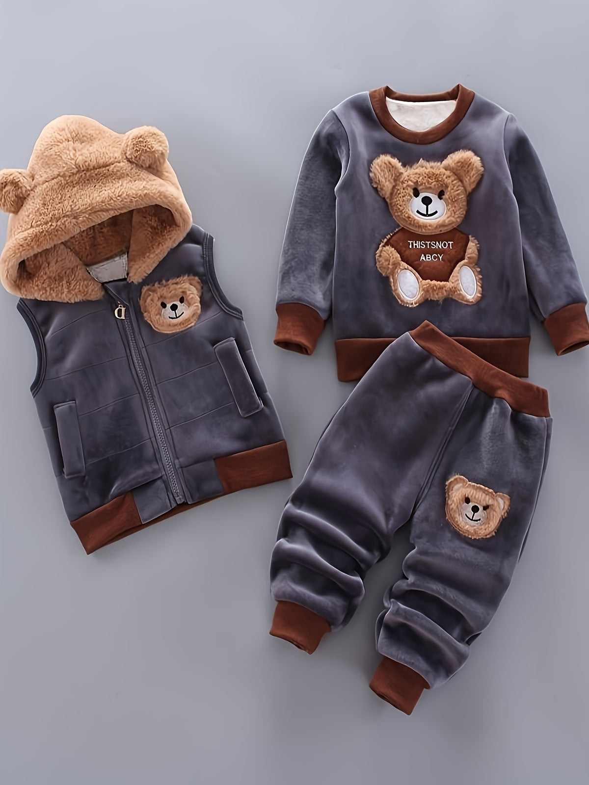 3pcs Boys Adorable Furry Face Bear Pattern Long Sleeve Pullover & Hooded Zip Up Sleeveless Coat & Pants Outdoor Set, Winter/fall