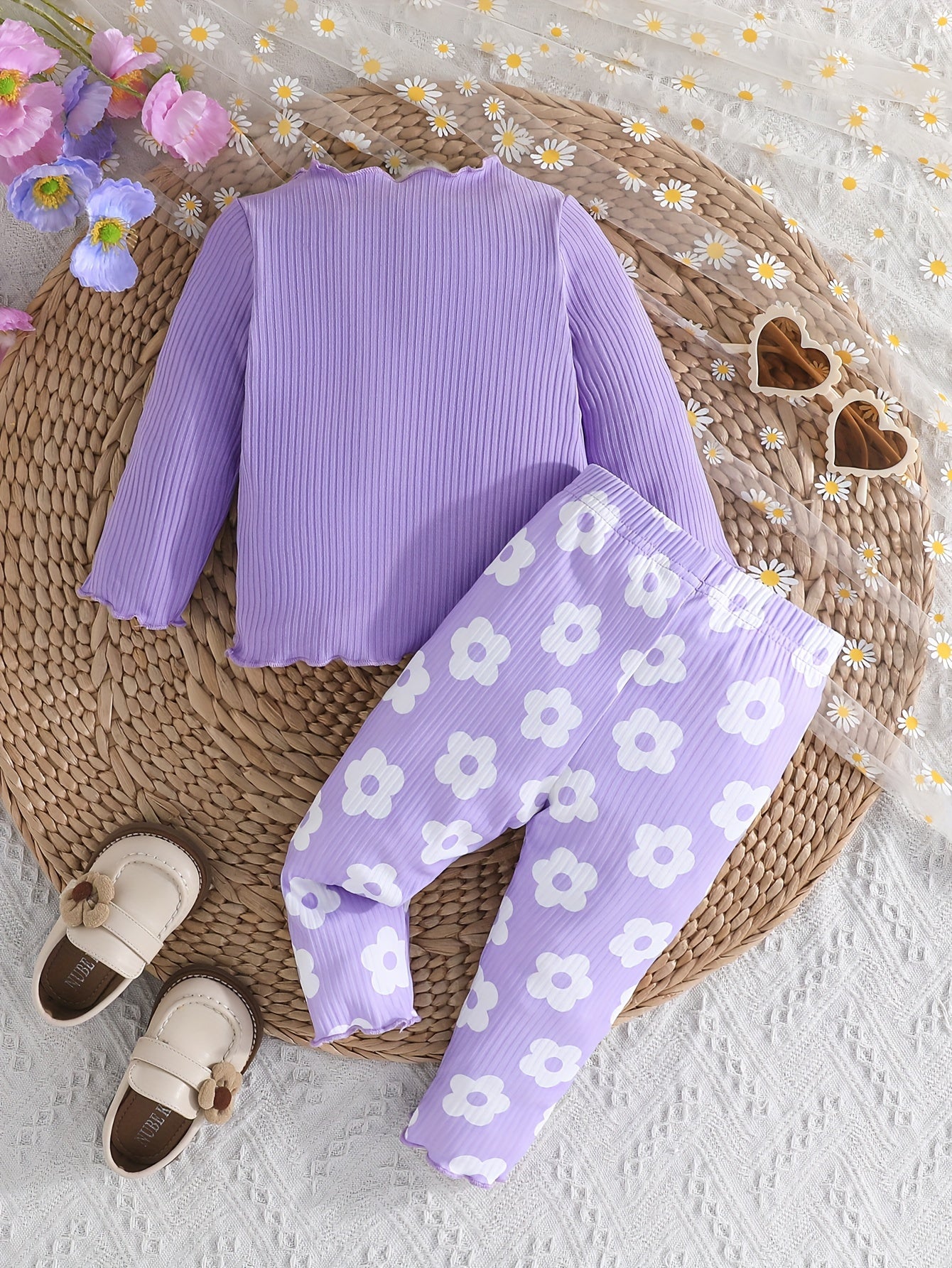 2-piece Baby's Flower Print Ribbed Long Sleeve Top + Casual Pants, Toddler & Infant Girl's Clothing Set Outdoor