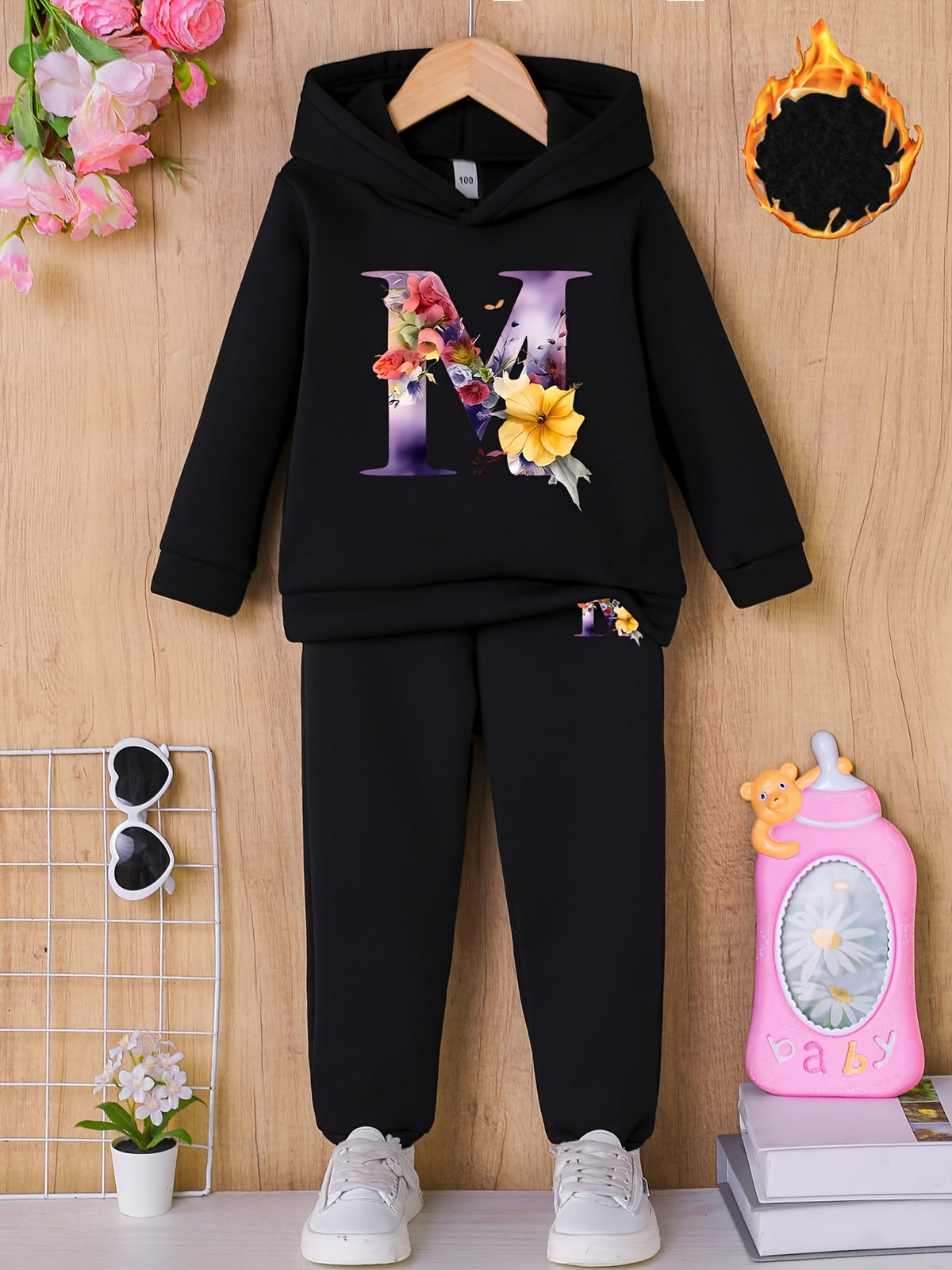 1 Set Kids' Alphabet Print Hoodie and Sweatpants Outfit - 100% Polyester Casual Fall/Winter Wear, Slight Stretch Raglan Long Sleeve Top with Floral Letter & Matching Long Pants, Loose Fit Knit Fabric for Children Under 12 - Ideal for Outdoor Activities