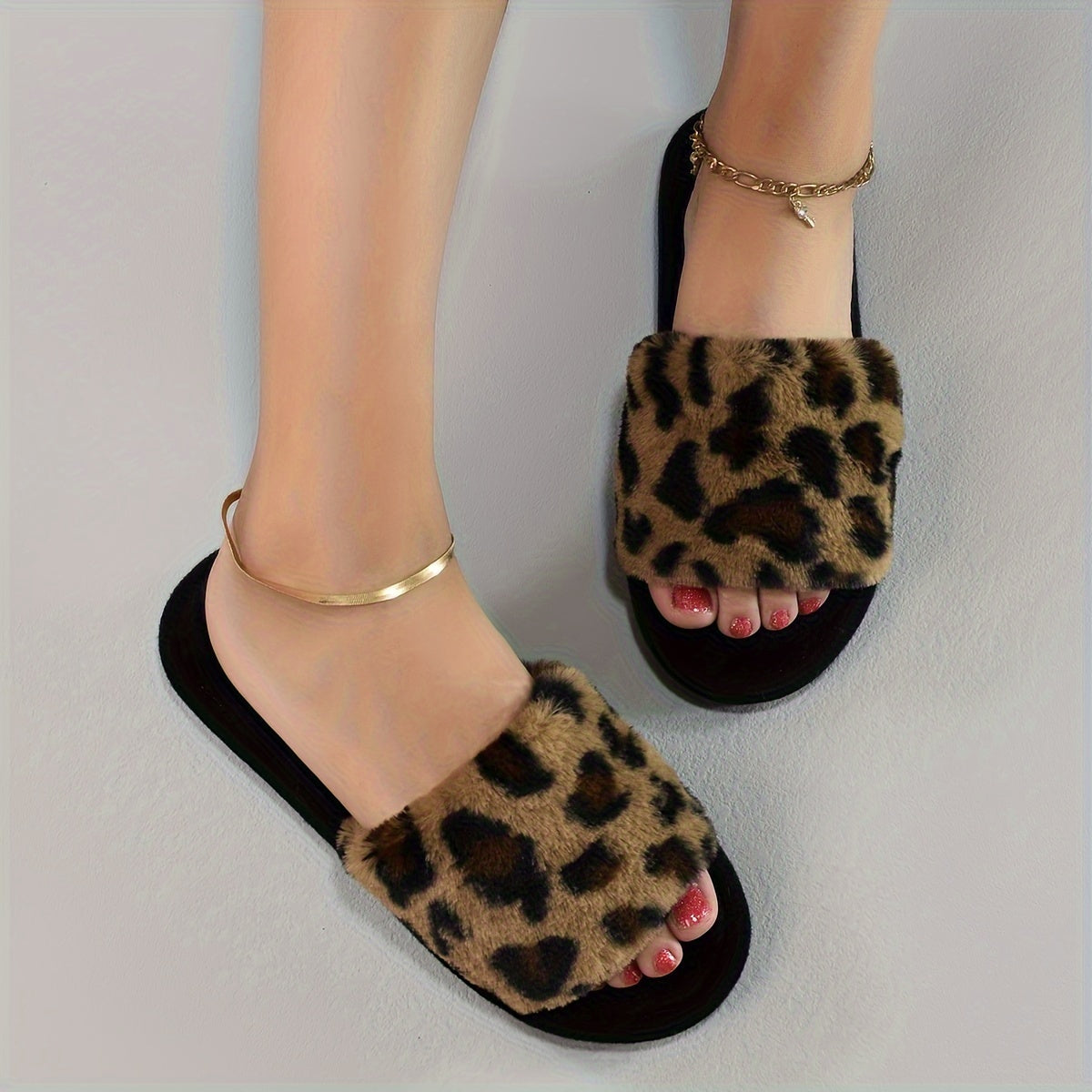 Leopard Print Plush Slippers For Women, Cozy & Warm Open Toe Soft Sole Shoes, Comfy Indoor Floor Fuzzy Slippers