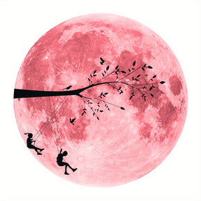 Glow-in-the-Dark Pink Moon & Branch Swing Wall Decal - Cartoon Fantasy PVC Sticker for Youngsters's Bedroom, Living Space, and Early Learning Center