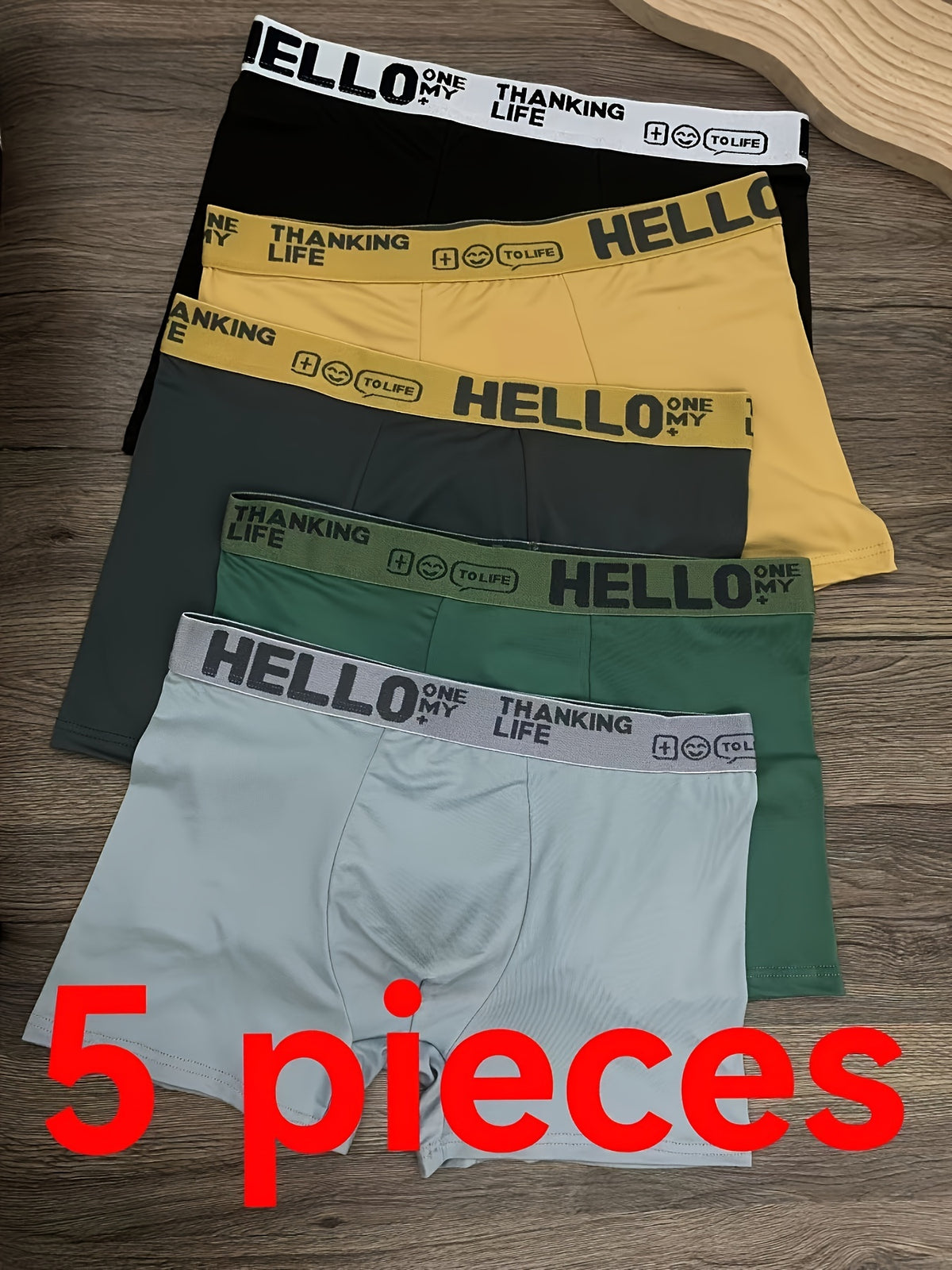 Random 1pc & 5pcs Men's Solid Color Shortie With Letter HELLO Print Waist Design, Soft Comfortable Breathable And Stretchy Underwear For Men, Suitable For All Seasons