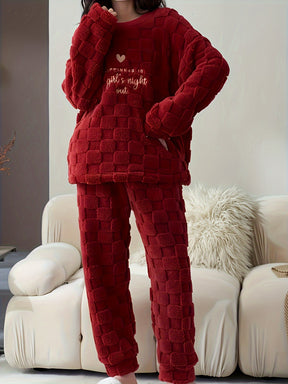 Cozy Coral Fleece Women's Pajama Set - Heart Pattern, Long Sleeve & Pants, Machine Washable - Perfect for Fall/Winter