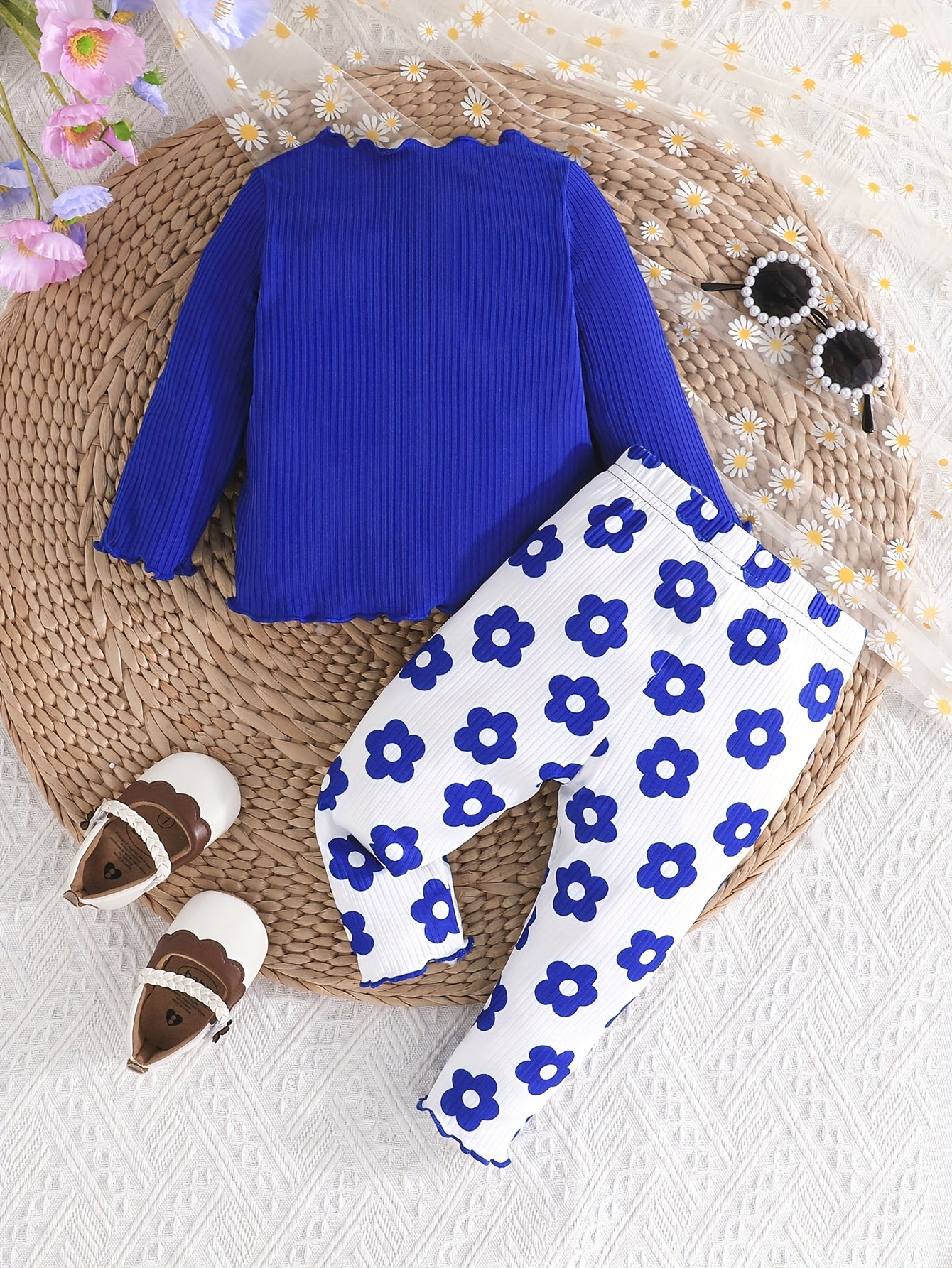 2-piece Baby's Flower Print Ribbed Long Sleeve Top + Casual Pants, Toddler & Infant Girl's Clothing Set Outdoor