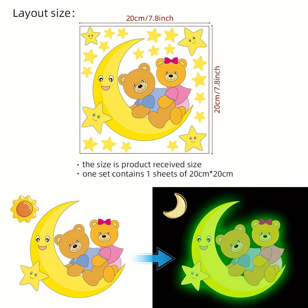 Glow-in-the-Dark Moon & Stars Bear Wall Decal - Removable PVC Sticker for Bedroom and Bathroom, 19.81cm x 19.81cm, Green