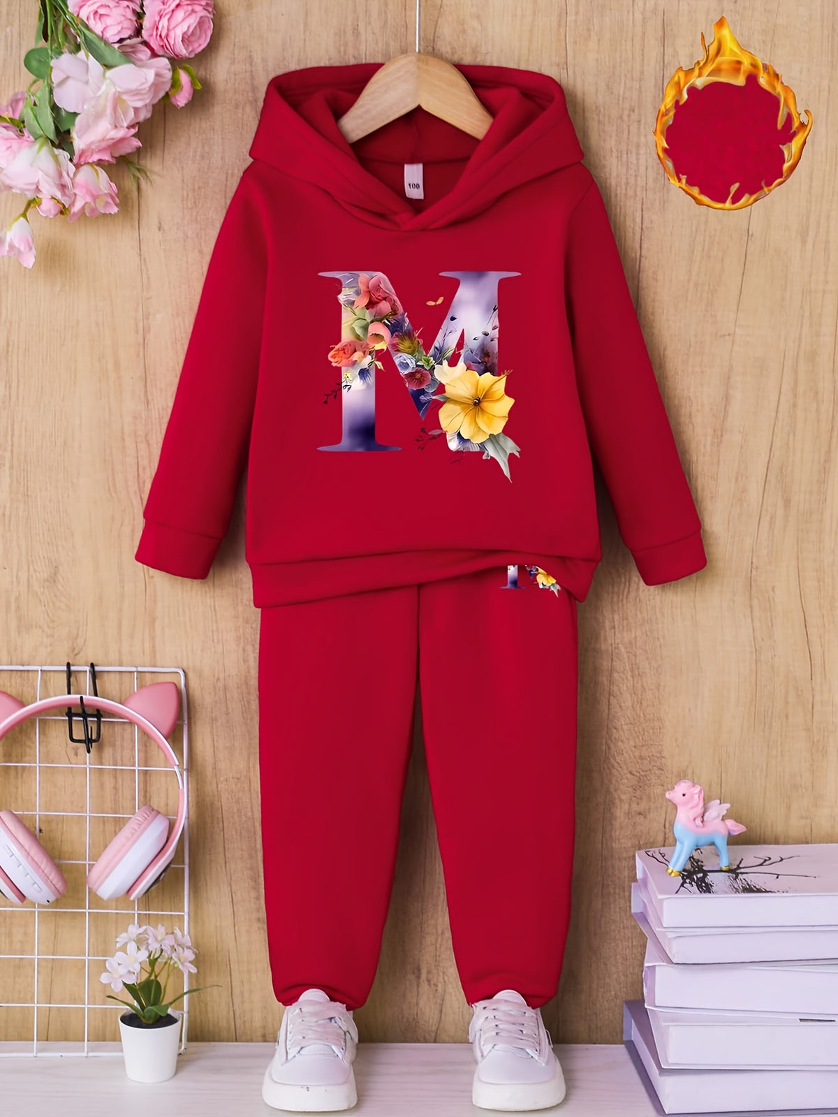 1 Set Kids' Alphabet Print Hoodie and Sweatpants Outfit - 100% Polyester Casual Fall/Winter Wear, Slight Stretch Raglan Long Sleeve Top with Floral Letter & Matching Long Pants, Loose Fit Knit Fabric for Children Under 12 - Ideal for Outdoor Activities