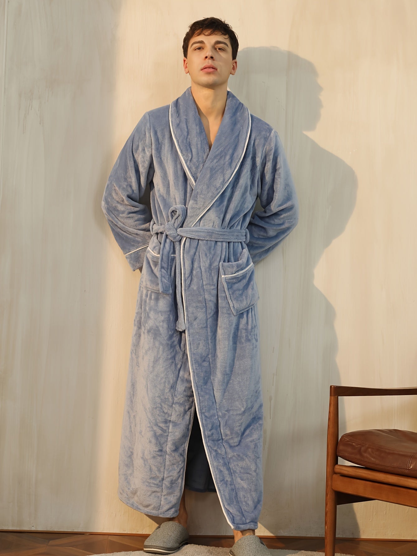 Autumn Winter Warm Long Thick Robe, Men's Simple Shawl Bathrobe With Double Side Pockets, V Neck Long Sleeve Sleepwear