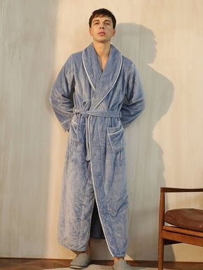 Autumn Winter Warm Long Thick Robe, Men's Simple Shawl Bathrobe With Double Side Pockets, V Neck Long Sleeve Sleepwear