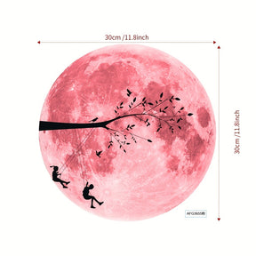 Glow-in-the-Dark Pink Moon & Branch Swing Wall Decal - Cartoon Fantasy PVC Sticker for Youngsters's Bedroom, Living Space, and Early Learning Center