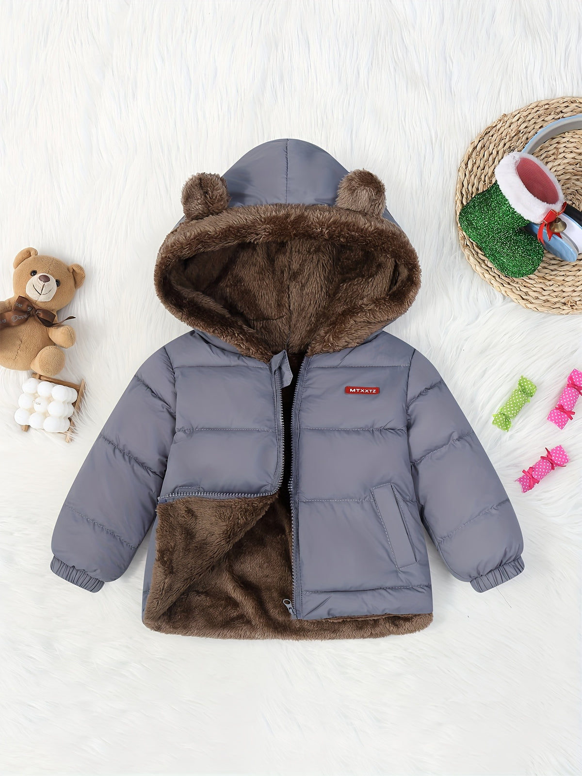 Adorable Bear Ears Hooded Fleece Jacket for Boys 0-3 Years - Cozy & Warm Winter Outerwear, Zip-Up, Long Sleeve