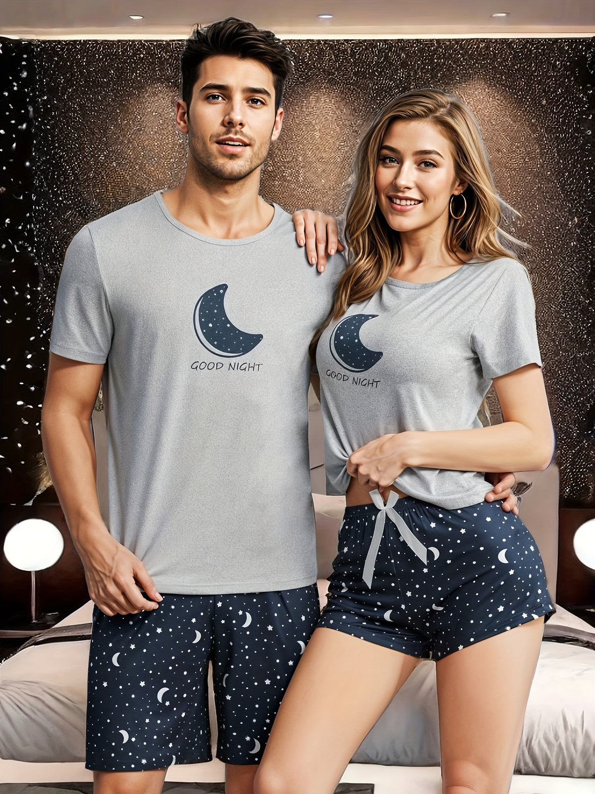 Moon & Slogan Graphic Crew Neck Tee & Galaxy Print Shorts Pajama Set - Polyester Knit Fabric, Elastic Waist, Medium Stretch Sleepwear for All Seasons