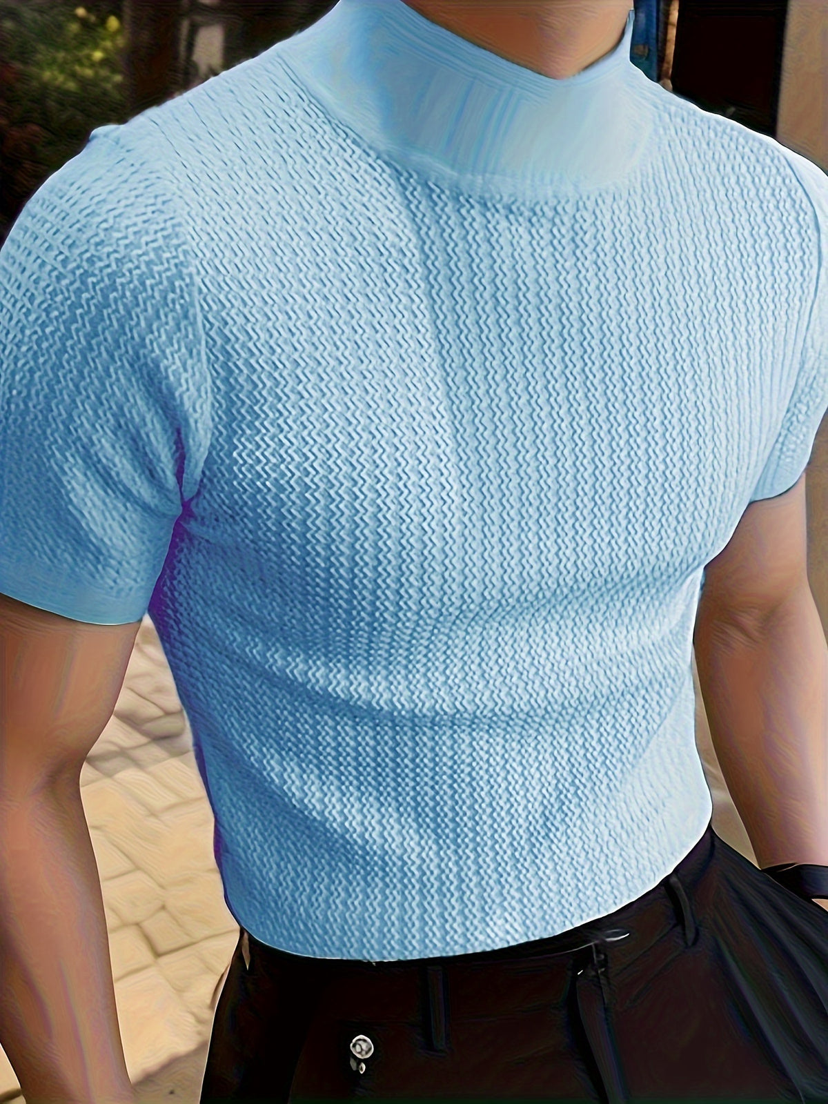 Men's Casual High Neck Ripple Knit Short Sleeve T-Shirt, Home Outfit Top, European & American Simple Style, For Summer Daily Wearing