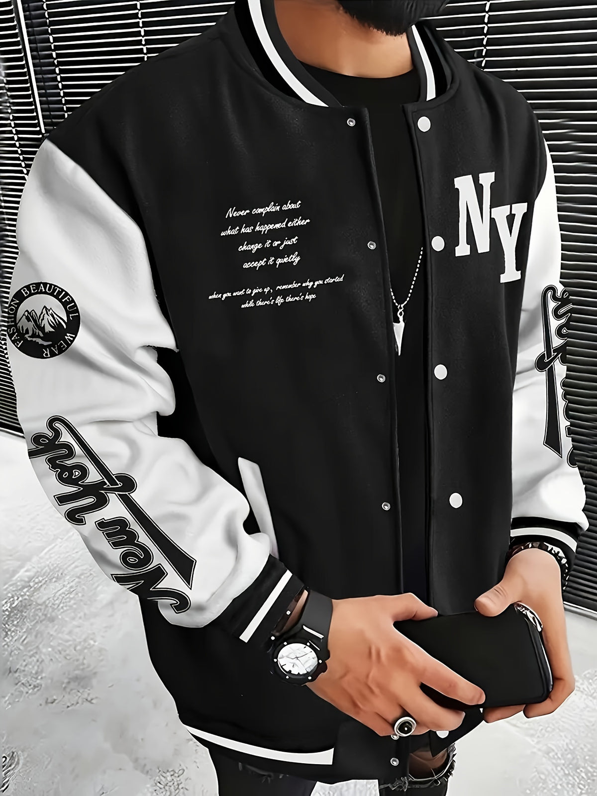 Plus Size Men's Casual Sports Jacket, Letter NY Pattern Color Block Black & White Varsity Style JACKET FOR FALL WINTER