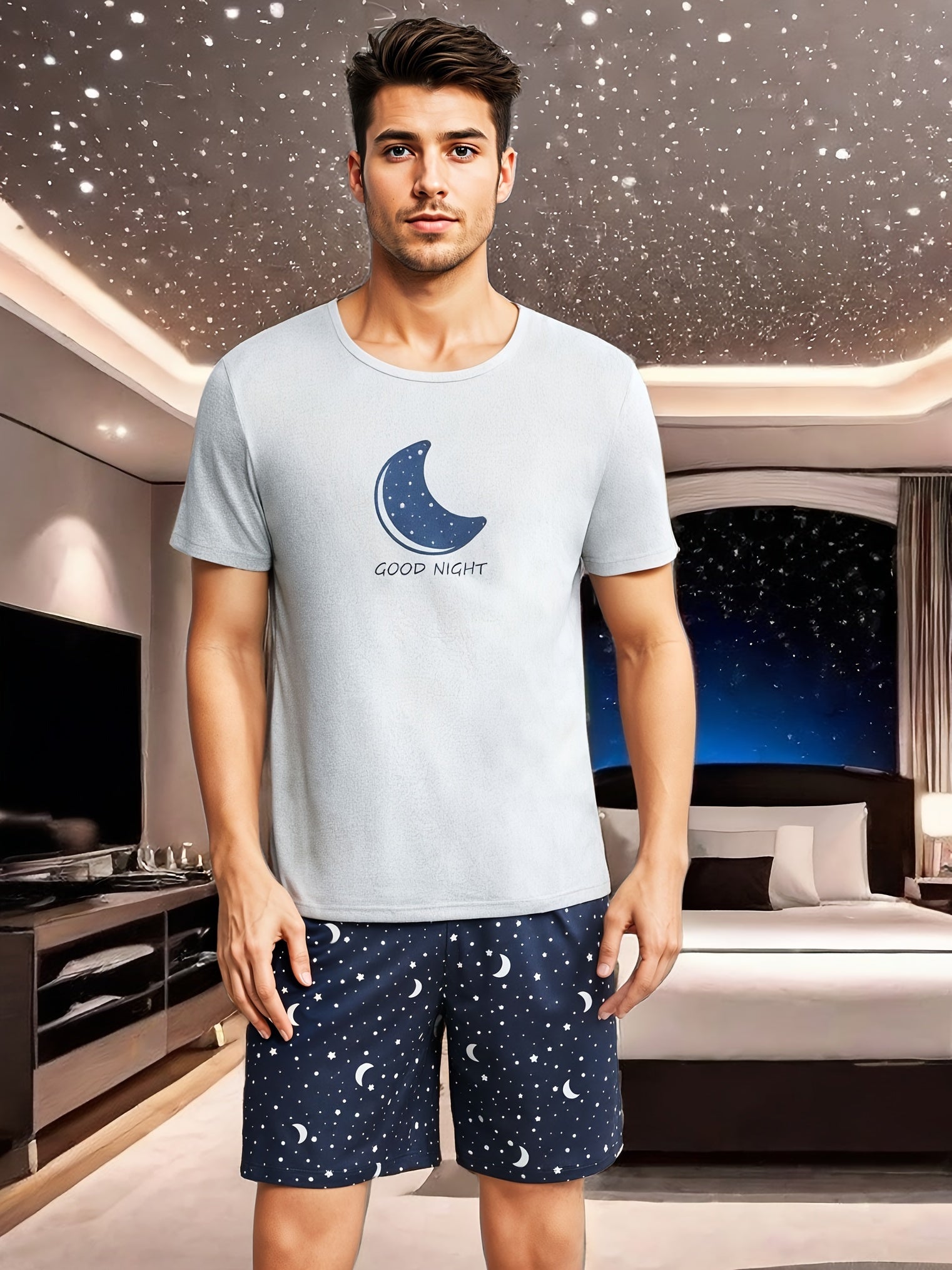 Moon & Slogan Graphic Crew Neck Tee & Galaxy Print Shorts Pajama Set - Polyester Knit Fabric, Elastic Waist, Medium Stretch Sleepwear for All Seasons