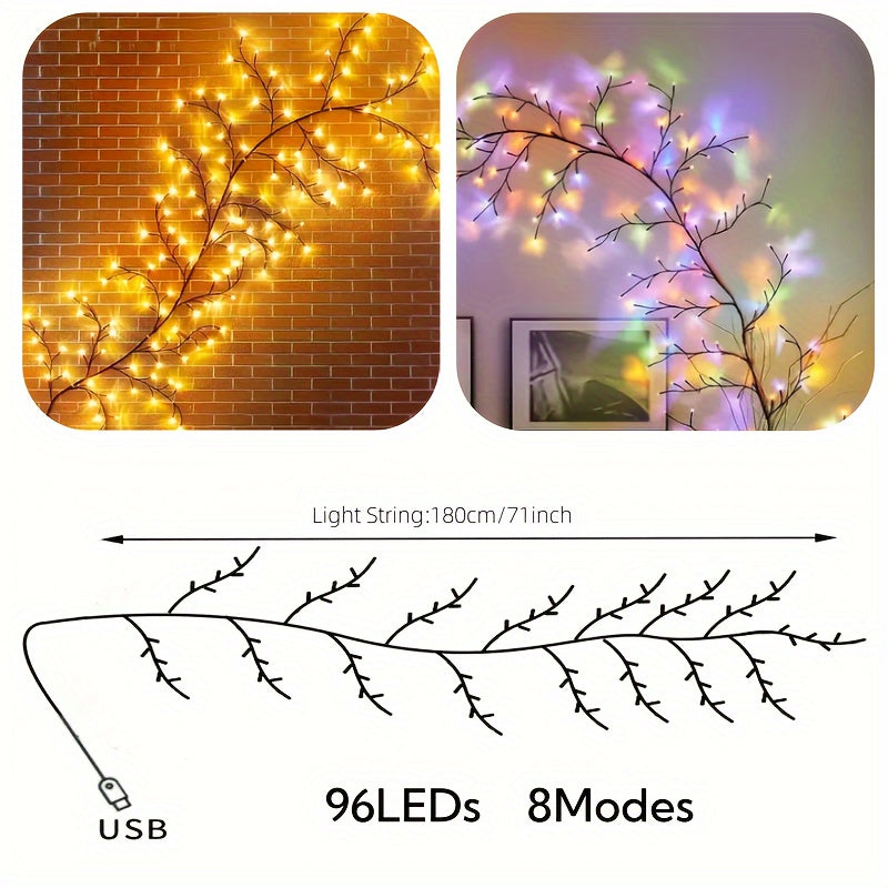 AMill 8 Pattern USB Vine Decorative Lights, 96 LED Natural Branch Lights, Colorful/Warm White, Indoor/Outdoor Use, for Bedroom, Living Room, Birthday Party, Festive Decor, Outdoor Wedding, 1.8m/71inch, IPX-4 Waterproof, Wall-Mounted, USB Powered, LED Ligh