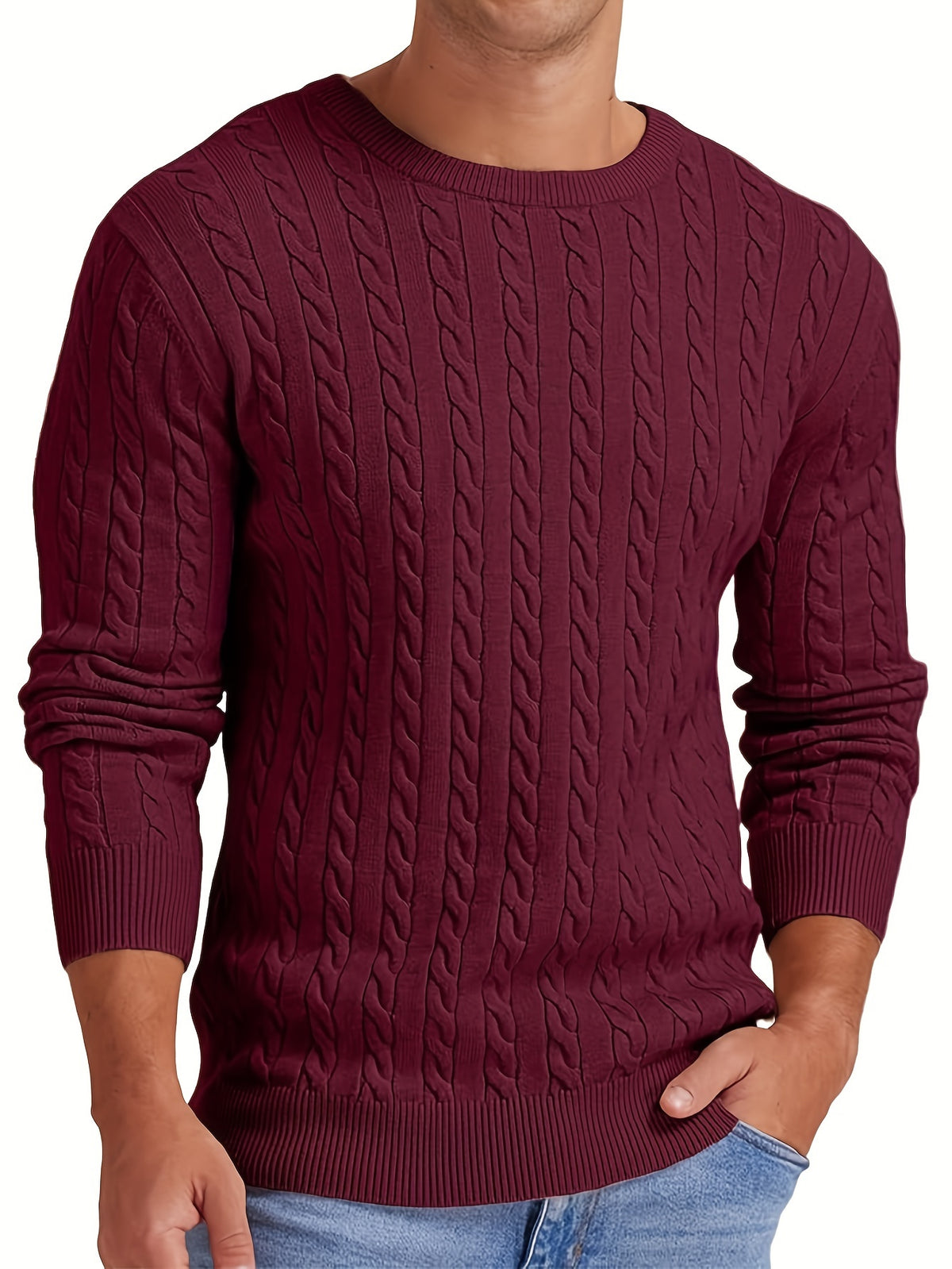 Men's 2024 New Fashion Crew Neck Knit Sweater, Viscose Blend Pullover With Cable Details, Regular Fit, Warm And Comfortable Top, Outdoor Cloth