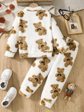 Cozy Cartoon Bear Plush 2pcs Set for Youngsters - Long Sleeve Top & Pants, Machine Washable - Perfect for Fall/Winter, Perfect for Outdoor