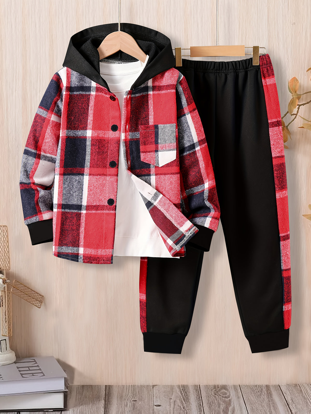 ' Preppy Style Plaid Hooded Jacket and Sports Pants Set - Long Sleeve, Button Detail, Polyester, Non-Stretch Fabric, Loose Fit, Fall/Winter Collection, Woven Outerwear with Pockets for Age 12 and Under, for Outdoor, Thick