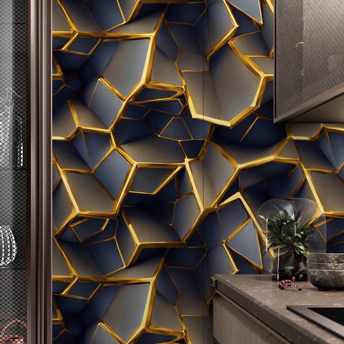 Vintage 3D Brick Wall Decal: Black and Golden Irregular Geometric Design - DIY, Waterproof, Easy to Clean, Suitable for Kitchen, Cabinets, Tables, Chairs, Room Backgrounds, and Refinishing - Self-Adhesive Wallpaper