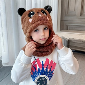 Cozy Youngsters' Cartoon Animal Ear Beanie - Soft, Thick Lined, Hand-Washable Winter Hat with Neck Warmer for Boys & Girls Ages 3-14, for Winter