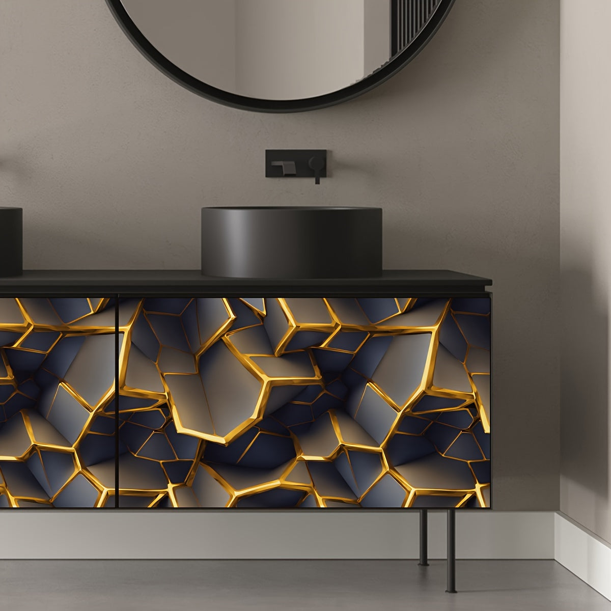 Vintage 3D Brick Wall Decal: Black and Golden Irregular Geometric Design - DIY, Waterproof, Easy to Clean, Suitable for Kitchen, Cabinets, Tables, Chairs, Room Backgrounds, and Refinishing - Self-Adhesive Wallpaper