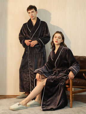 Autumn Winter Warm Long Thick Robe, Men's Simple Shawl Bathrobe With Double Side Pockets, V Neck Long Sleeve Sleepwear