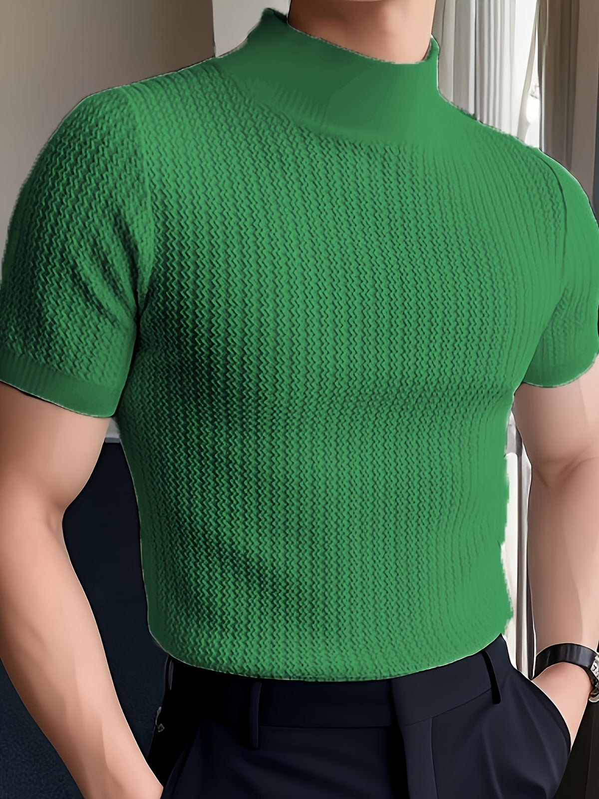 Men's Casual High Neck Ripple Knit Short Sleeve T-Shirt, Home Outfit Top, European & American Simple Style, For Summer Daily Wearing