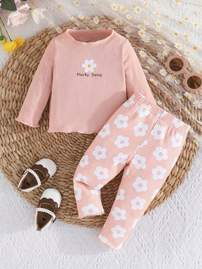 2-piece Baby's Flower Print Ribbed Long Sleeve Top + Casual Pants, Toddler & Infant Girl's Clothing Set Outdoor