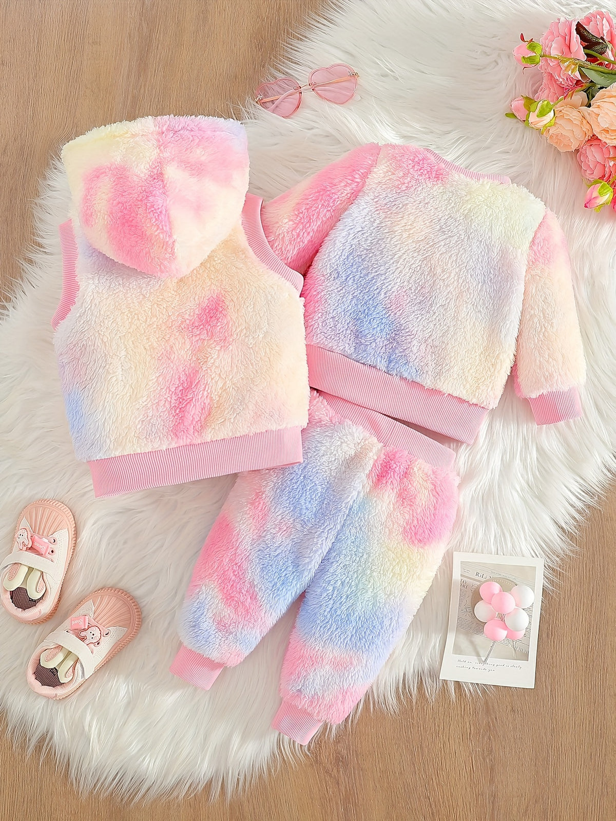 Youngsters's Autumn and Winter Plush Cartoon Little Bee Embroidered Top Colorful Tie-dye Pants Hooded Ribbed Sleeveless Vest 3pcs Set, Perfect for Outdoor