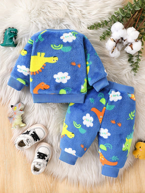 Boys' Cute Dinosaur Pattern Sweatshirt and Pants Set, Autumn/Winter Warmth Coat Two-Piece, Polyester Knit Fabric, Loose Fit, Long Sleeve, Round Neck, Ribbed Detail, Elastic Micro-Polyester Blend, for Outdoor