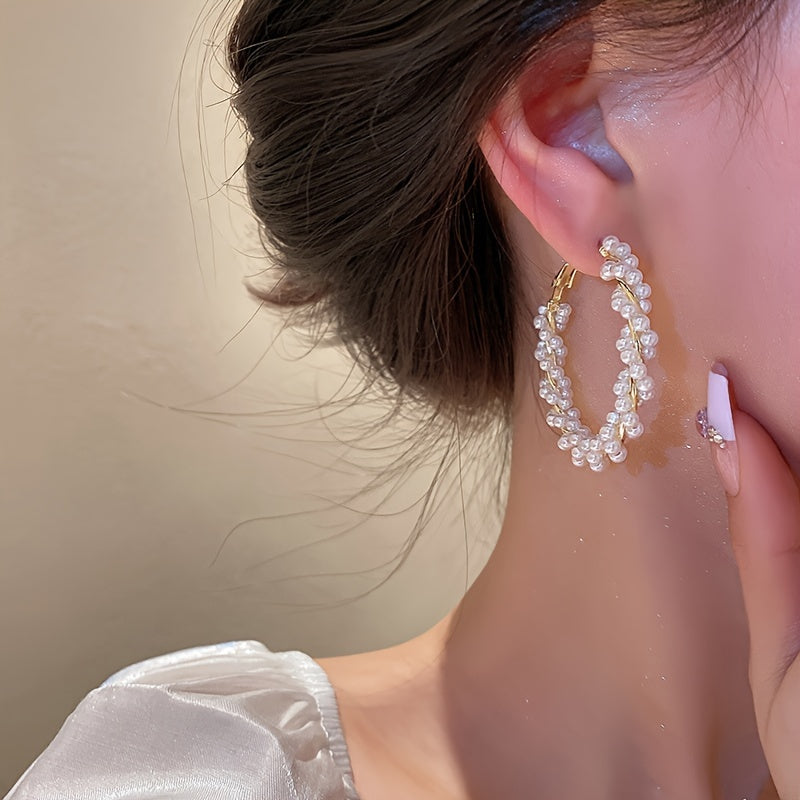 [Popular Choice] Elegant Vintage-Inspired Faux Pearl Earrings, Stainless Steel Hoop Design for Banquets and Daily Wear