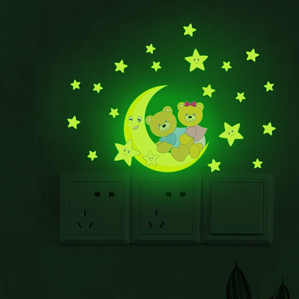 Glow-in-the-Dark Moon & Stars Bear Wall Decal - Removable PVC Sticker for Bedroom and Bathroom, 19.81cm x 19.81cm, Green