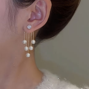 Rhinestone Imitation Pearl Tassel Stud Earrings Ladies Party Dating Wedding Long Dangle Earrings