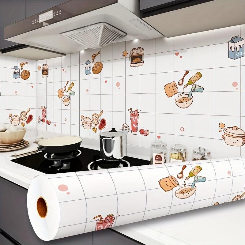 1 Roll Cartoon Kitchen Theme Pattern Wallpaper, Waterproof Oil Proof Removable Self-Adhesive Contact Paper For Living Room, Kitchen, Bedroom, Home And Dormitory Furniture Decoration, 100.0cm * 59.99cm