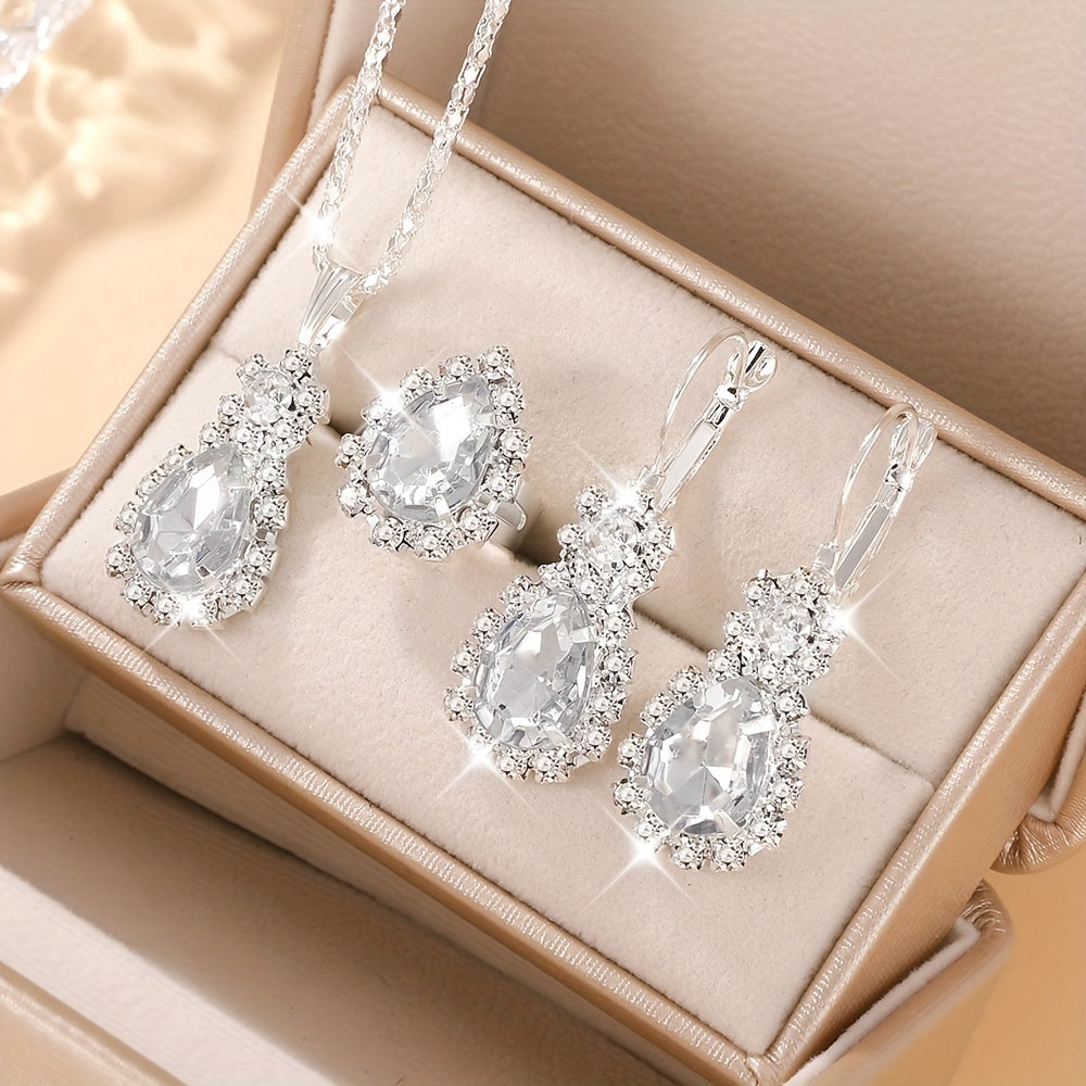 4Pcs/Set Simple And Fashionable Waterdrop Shaped Women's Jewelry Set, Exquisite And Shiny Jewelry Set, 1Pcs Necklace+1Pcs Ring+2Pcs Earrings, Suitable For Daily Or Vacation Use