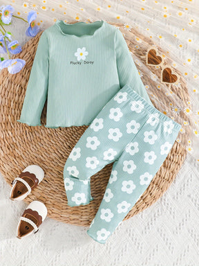 2-piece Baby's Flower Print Ribbed Long Sleeve Top + Casual Pants, Toddler & Infant Girl's Clothing Set Outdoor