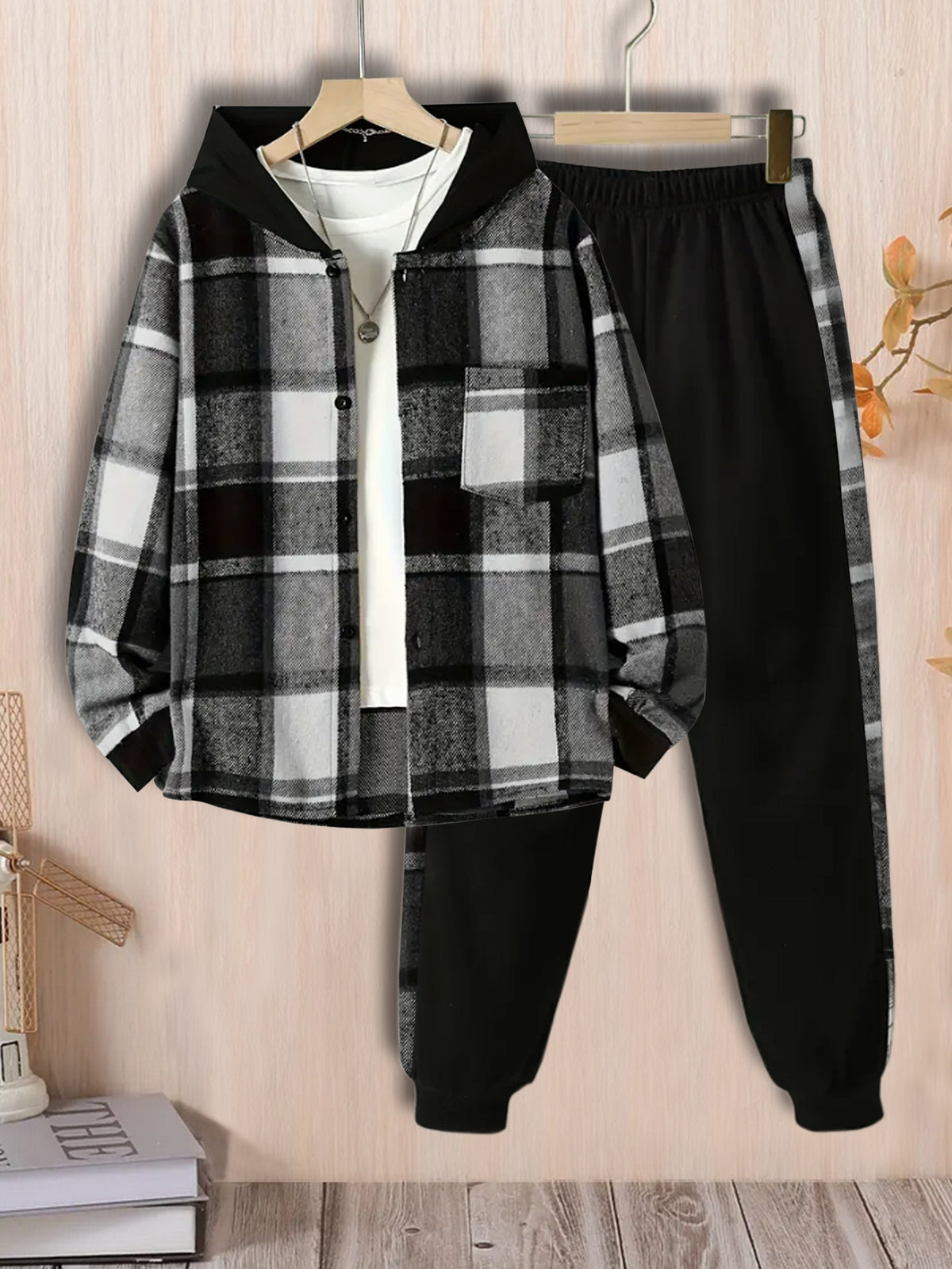 ' Preppy Style Plaid Hooded Jacket and Sports Pants Set - Long Sleeve, Button Detail, Polyester, Non-Stretch Fabric, Loose Fit, Fall/Winter Collection, Woven Outerwear with Pockets for Age 12 and Under, for Outdoor, Thick